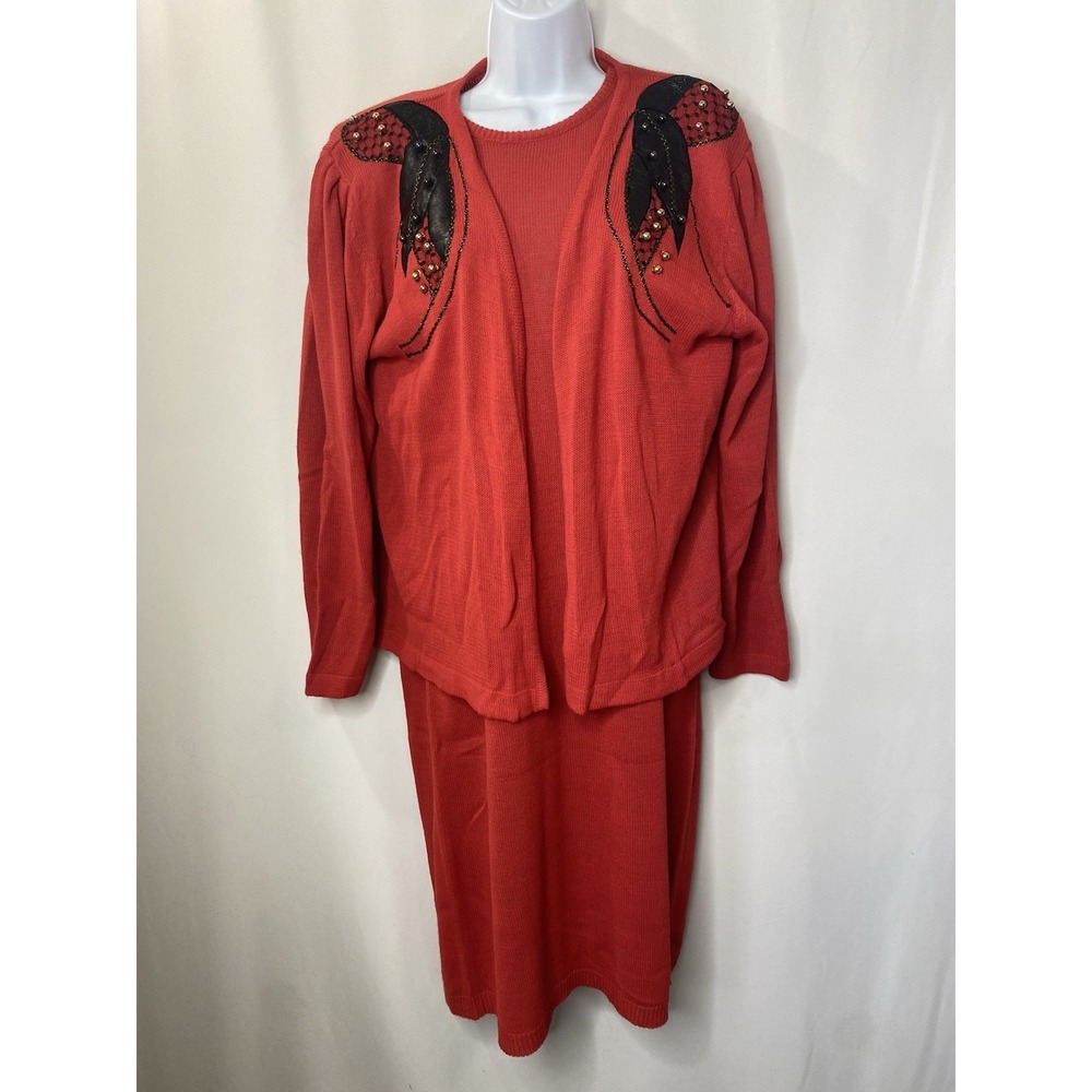 Vintage Alexa Grace 2 Piece Sweater Dress Size Large 80s Ladies Beads Embellish